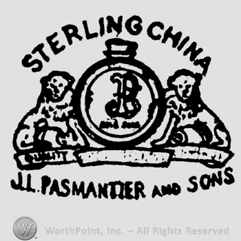 Sterling China written arched above a flasks with a B on it, and 2 animals at it sides above a ribbon above G.L. Pasmantier and Sons