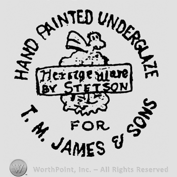 An frame with Heritage Ware written above By Stetson written inside it, all over an image, Hand Painted Underglaze written arched above it, T.M. James and Sons written arched below it