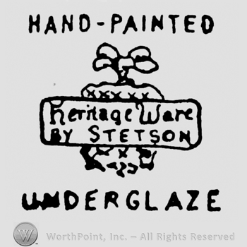 Hand Painted written above a frame with Heritage Ware written above By Stetson written inside it, all over an image,  Underglaze written under