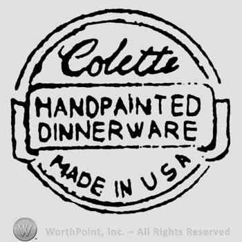 Circle shape frame with Colette written above a ribbon with Hand Painted written above Dinnerware written on it, Made in U.S.A. written arched below