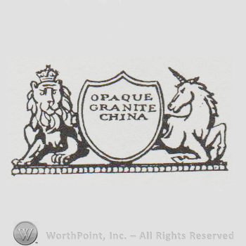 A shield that has written on it Opaque Granite China with a crowned lion on the left and an unicorn on the right