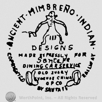Ancient Mimbreno Indian Copyrighted By Savtate Railway written in circle with a human shape inside above Designs written above Made Expressly For written above Santafe written above Diningcar Service written above Old Ivory written above Syracuse China written above OP Co