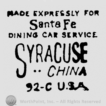 Made Expressly For written above Santa Fe written above Dining Car Service written above Syracuse written above China written above 92-C U.S.A.
