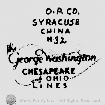 Syracuse written above China written above M-32 written above The written above a curly shape frame with George Washington written above Chesapeake written above Ohio, all inside curly shape frame, above And Lines written