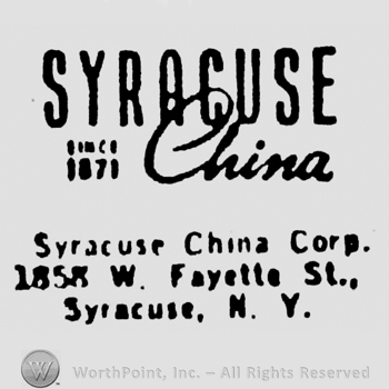 Syracuse written above China written above Syracuse China Corp. written above 1858 W. Fayette St. written above Syracuse N.Y.