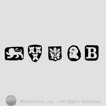 Lion Passant and Three Castles and Leopard's head crowned and Man's Profile and date-letter B