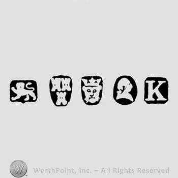 Lion Passant and Three Castles and Leopard's head crowned and Man's Profile and date-letter K