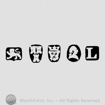 Lion Passant and Three Castles and Leopard's head crowned and Man's Profile and date-letter L