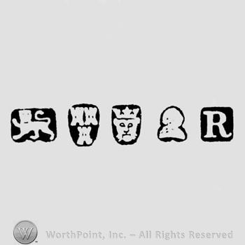 Lion Passant and Three Castles and Leopard's head crowned and Man's Profile and date-letter R