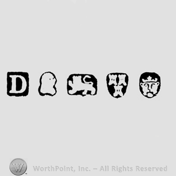 Date-letter D and Man's Profile and Lion Passant and Three Castels and Leopard's Head crowned