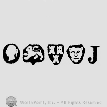 Man's Profile and Lion Passant and Three Castles and Leopard's Head crowned and date-letter J