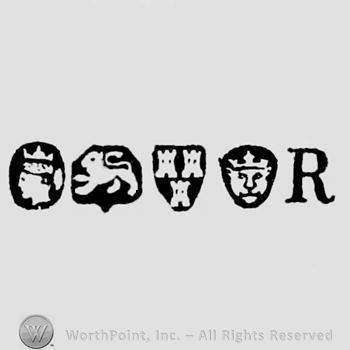 Man's Profile and Lion Passant and Three Castles and Leopard's Head crowned and date-letter R