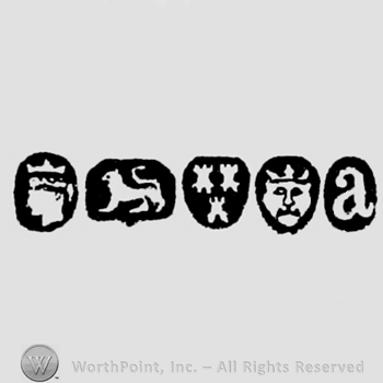 Man's Profile crowned and Lion Passant and Three Castles and Leopard's Head crowned and date-letter a