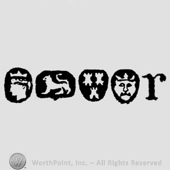 Man's Profile crowned and Lion Passant and Three Castles and Leopard's Head crowned and date-letter r