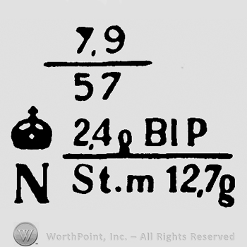 Number 7.9 over 57, 2.4g BIP over St.m.12.7g, uppercase N and crown above