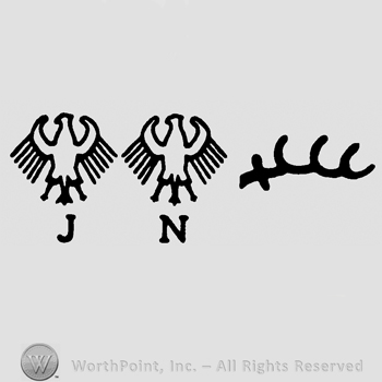 Eagle over uppercase J, eagle over uppercase N and antler