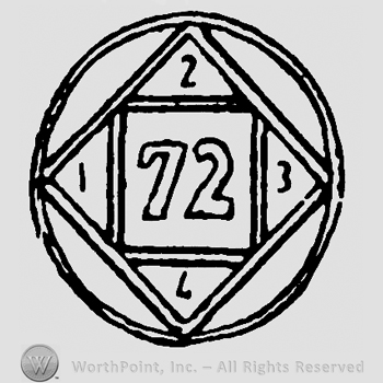 Circle with diamond and square and number 72