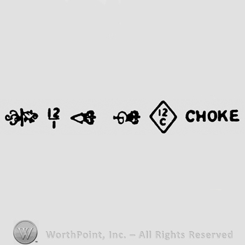 Complex design, number 12 over 1, uppercase V and crown, uppercase CP and crown, number 12 and uppercase C in a diamond, inscription Choke written with uppercase letters