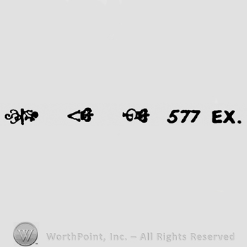 Complex design, uppercase V and crown, uppercase CP and crown, number 577 and uppercase EX.