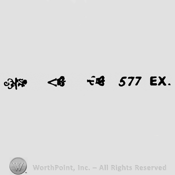 Complex design, crown and uppercase V, crown and uppercase CP, number 577 and Ex written with uppercase letters