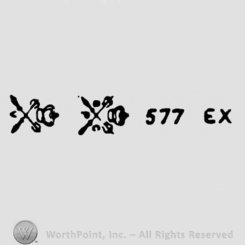 Crown over uppercase handwritten BP, coat of arms with crown and uppercase V, coat of arms with crown and uppercase BPC, number 577, Ex written with uppercase letters