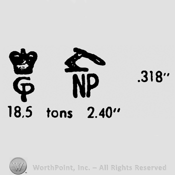 Crown over uppercase CP, hand with sword over uppercase NP, number 318