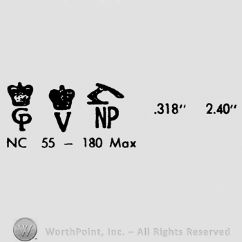 Crown over uppercase CP, crown over uppercase V, hand with sword ovr uppercase NP, numbers 318 and 2.40