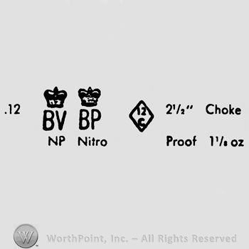 Crown over uppercase BV or BP, numbers like 12, 12 and uppercase C in a diamond, Proof, Choke Nitro written with lowercase letters