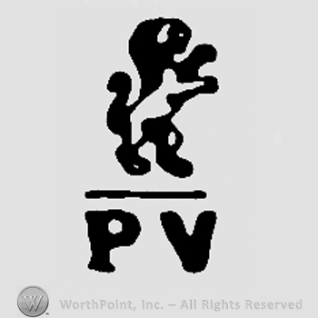 Pranced lion over uppercase PV