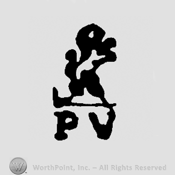 Pranced lion over uppercase PV