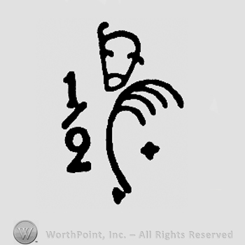 1/2, a palm branch, a cross and a crown above