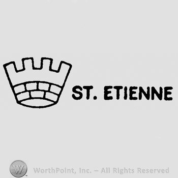 Upper part of a castle towe, St. Etienne written with uppercase letters