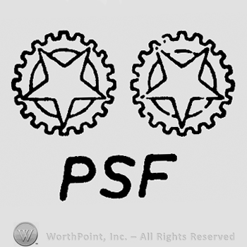 Star over a toothed circle appearing twice and uppercase PSF below