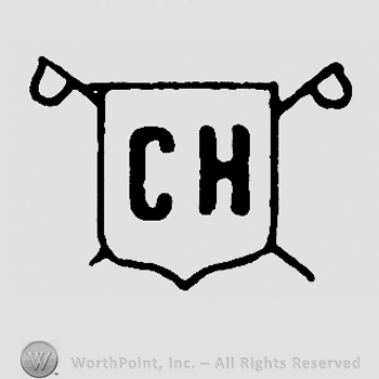 Shield with crossed swords behind it, uppercase CH written on it
