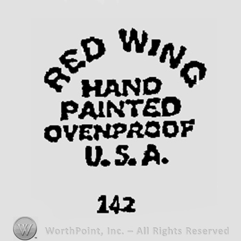 Red Wing written arched above Hand above Painted written above Ovenproof written above U.S.A., 142 below