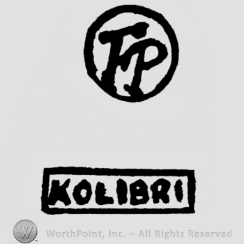 Initials F and P in circle; bellow, rectangular with word KOLIBRI written.