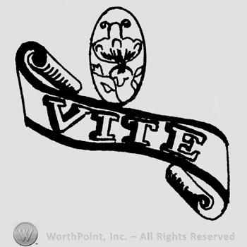 VITE written on a ribbon; an oval enclosing a flower, above the ribbon.