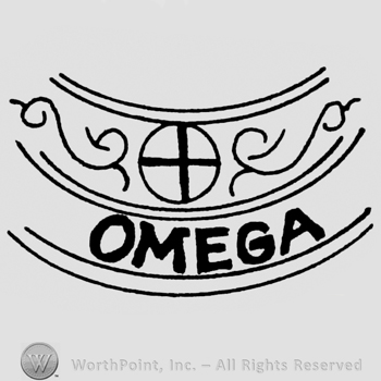 OMEGA written on a curved border; a circle and flowers above.