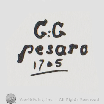 Uppercase GG above the word pesaro in lowercase latters and the number 1765