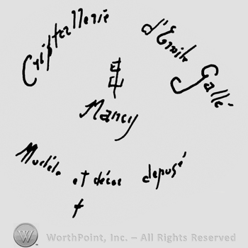 "Cristallerie Galle Nancy Modelle et decor depose" handwritten together with other words in a round design
