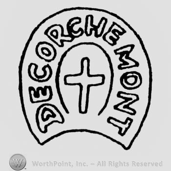 Design like a horseshoe, "Decorchemont" written on it with uppercase letters, cross in the middle