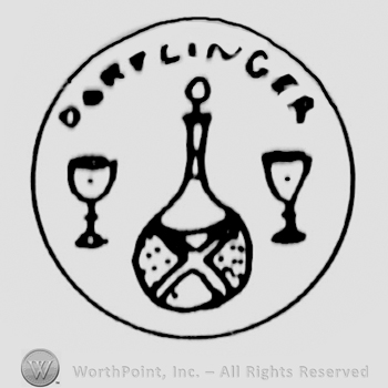 Two glasses and a bottle inside a circle and "Dorflinger" written with uppercase letters