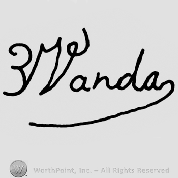Mirrored handwritten uppercase "E" and "Vanda", handwritten, signature-like