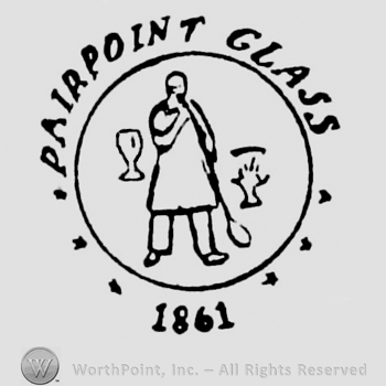 "Pairpoint Glass 1861" written with uppercase letters outside a circle with a man with a blowing iron
