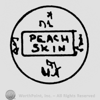 Round design, "Peach Skin" written with uppercase letters inside a rectangle