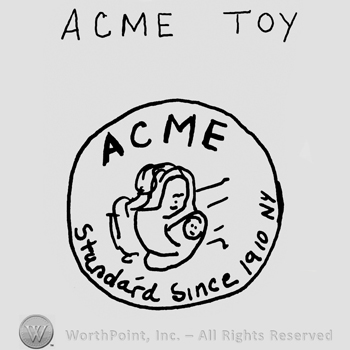 Acme Toy written with uppercase letters over round design with ACME in uppercase, Standard Since 1910 with lowercase letters, uppercase NY and a stylized mother with child in the centre