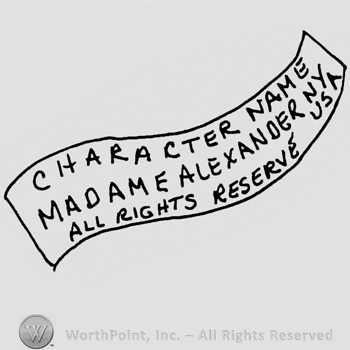 Character Name Madame Alexander NY USA All Rights Reserved written with uppercase letters on a ribbon