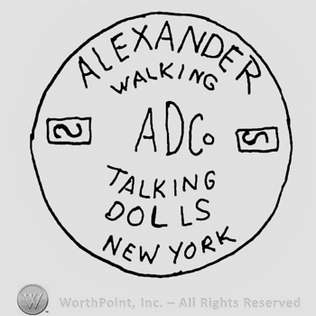Alexander Walking Talking Dolls New York written with uppercase letters, capital ADC, all inside a circle