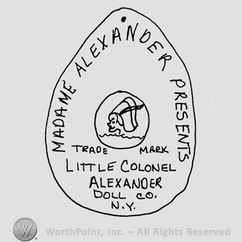 Madame Alexander Presents Trade Mark Little Colonel Alexander Doll Co. N.Y.written with uppercase letters inside an oval design with a head in the center