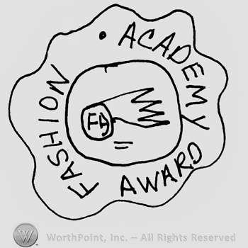 Fashion Academy Award written with uppercase letters around a complex design with capital FA and a banner, all inside a flower-like design